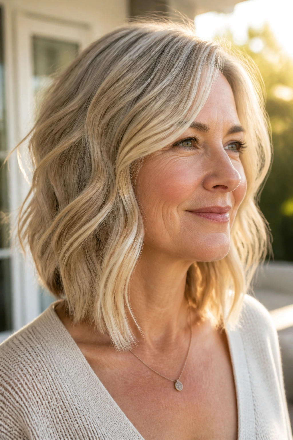 Real woman with soft wave angled lob in natural light