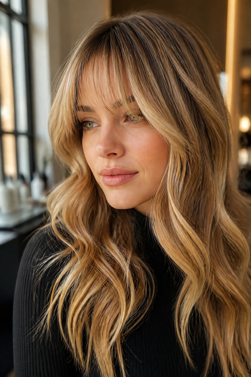 Close-up of a real woman with soft wave bangs and frosted honey babylights by window light