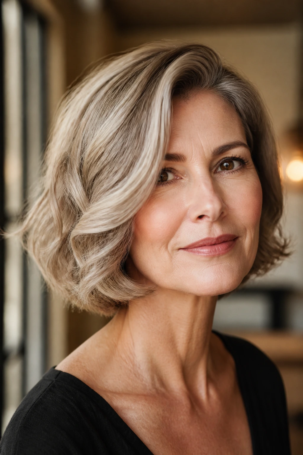 Real woman with a polished soft-wave bob and deep side part in a chic interior