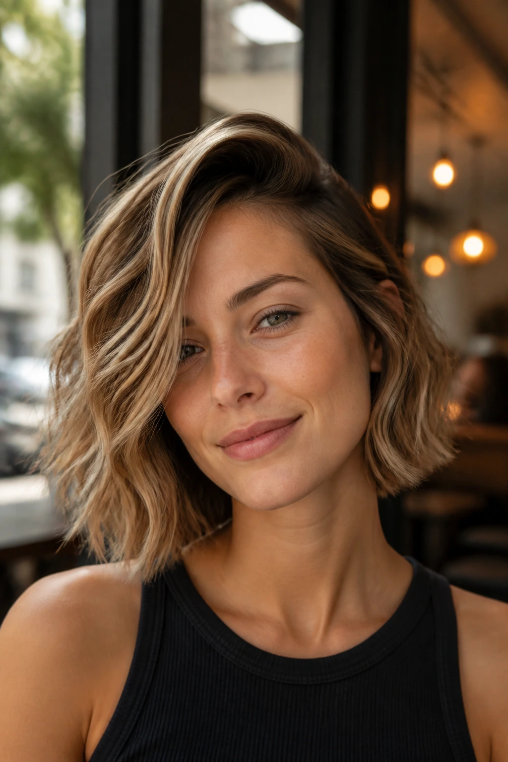 Close-up of soft wave bob with deep side bend on a real woman
