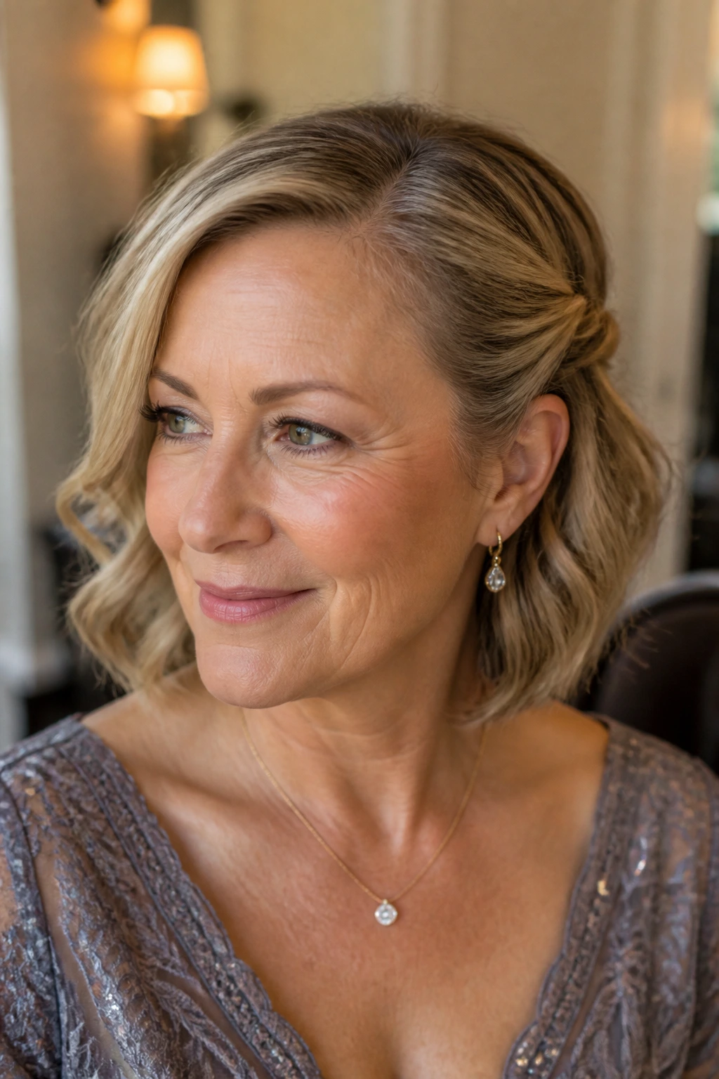 Close-up of real woman with soft wave bob and side tuck