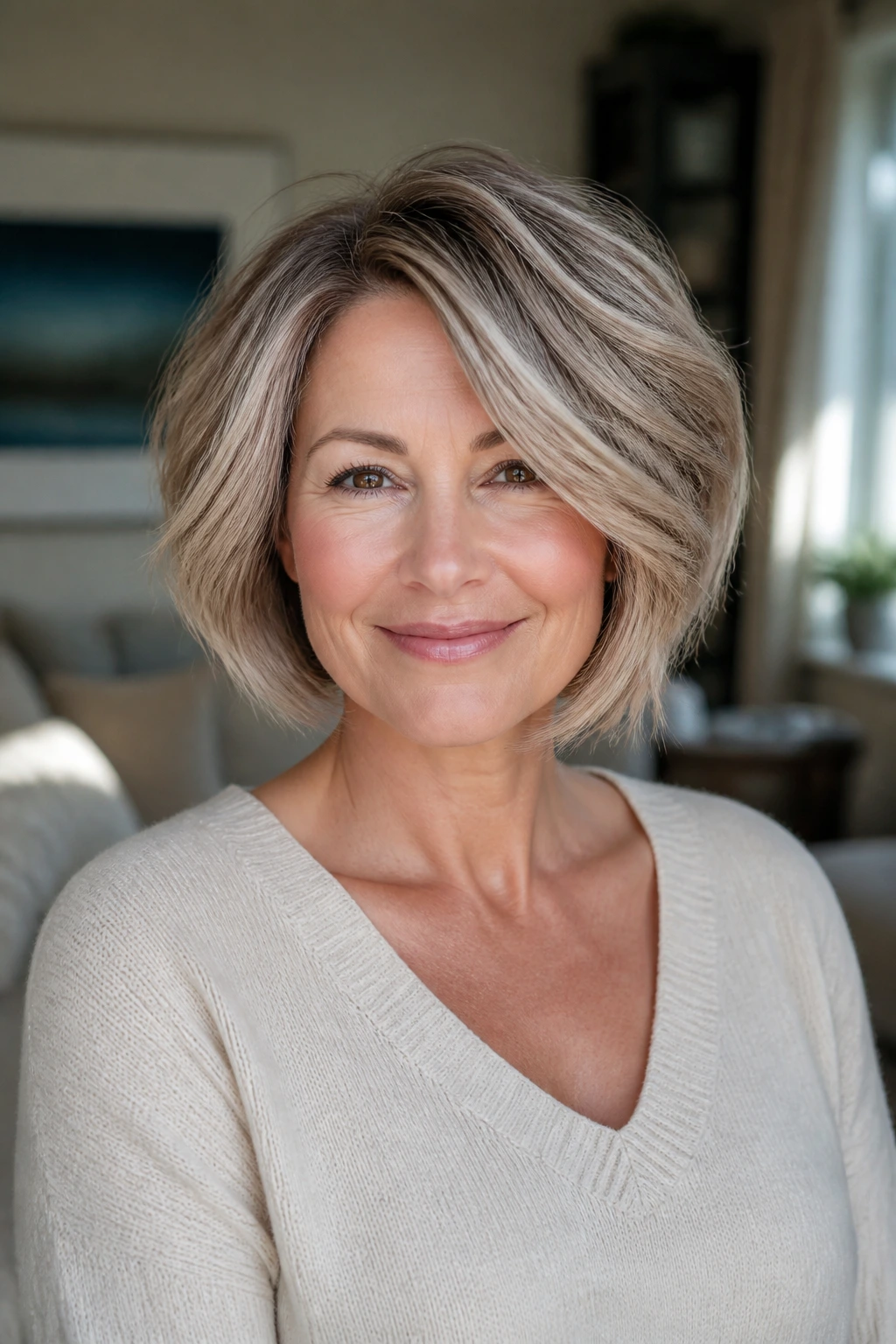 Close-up of a real woman with soft-wave inverted bob in a cozy living room