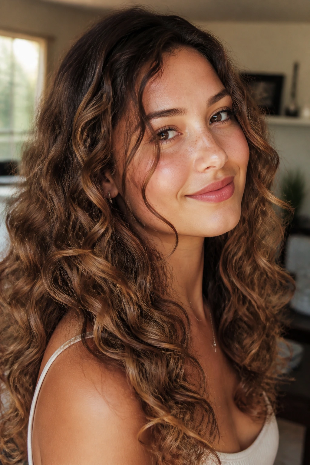 Close-up of a real woman with a soft-brushed wave pattern in curly hair.