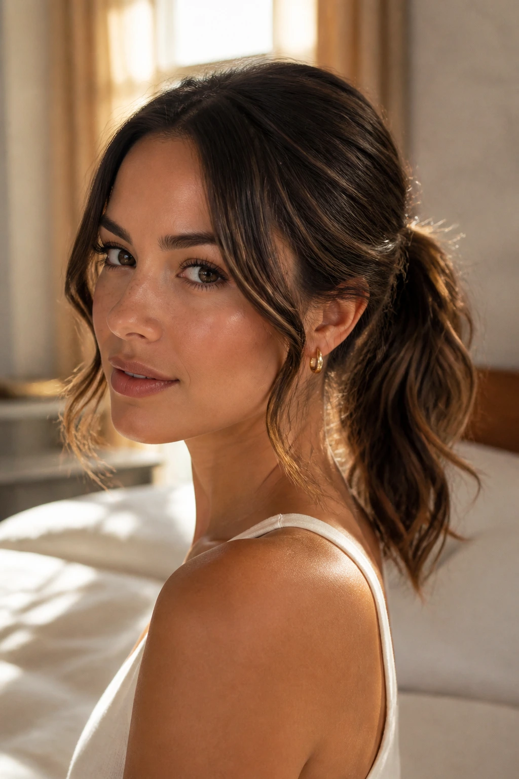 Close-up portrait of a real woman with a soft wave ponytail and face-framing pieces