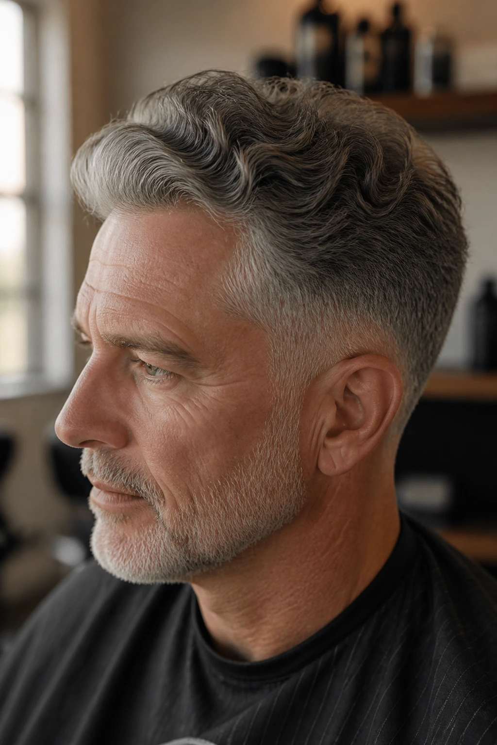 Close up of a man with a soft wave taper haircut showing natural waves and tapered sides