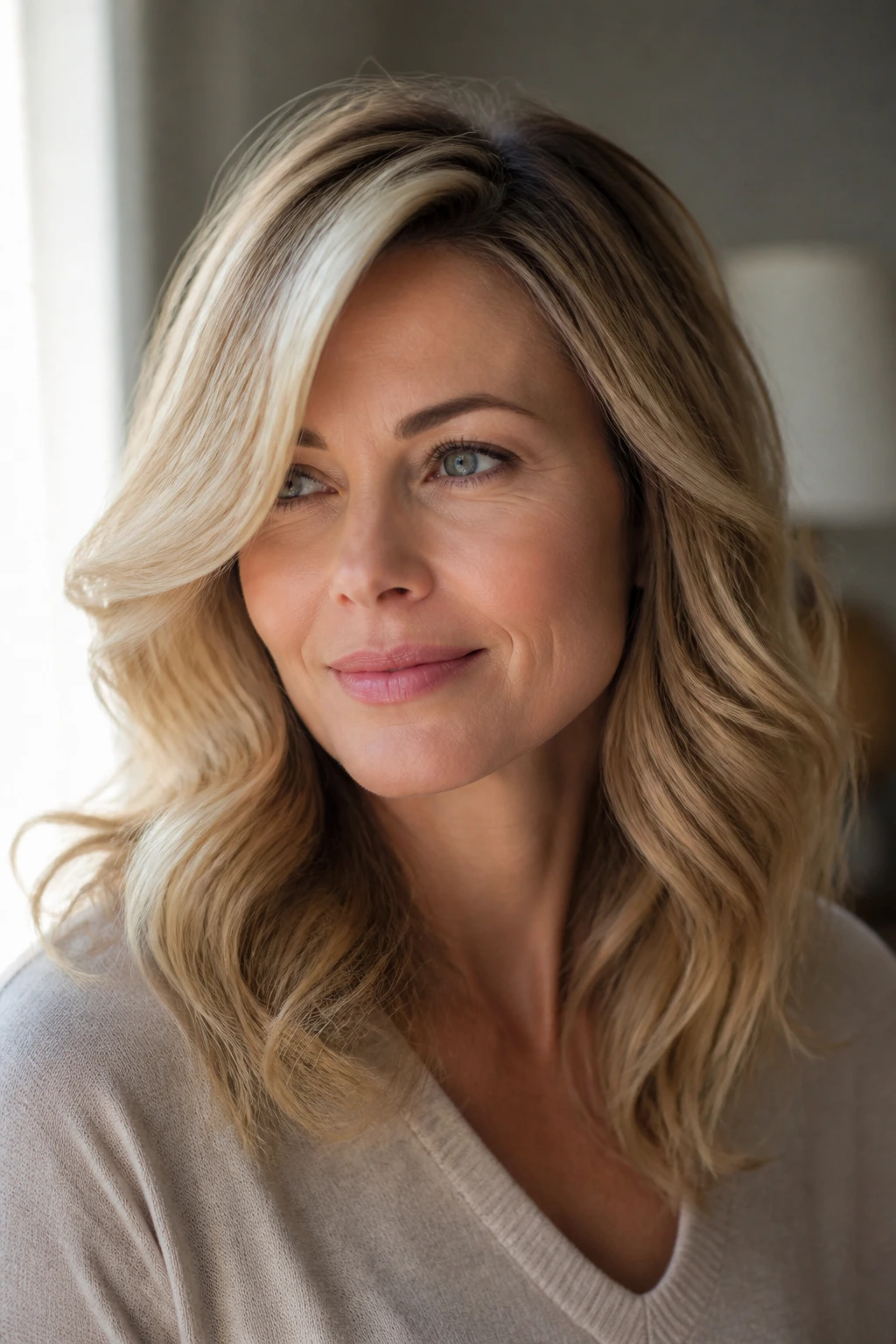 Close-up of a real woman with soft side-parted waves and airy ends.