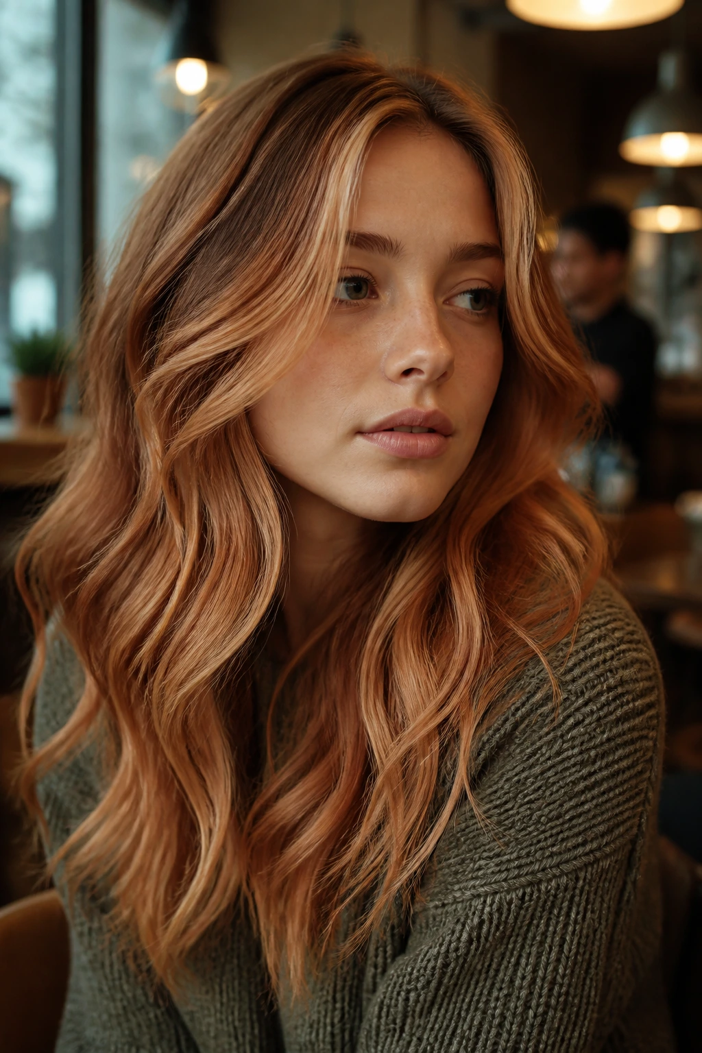 Close-up portrait of a real person with soft waves and apricot face-framing pieces in warm light