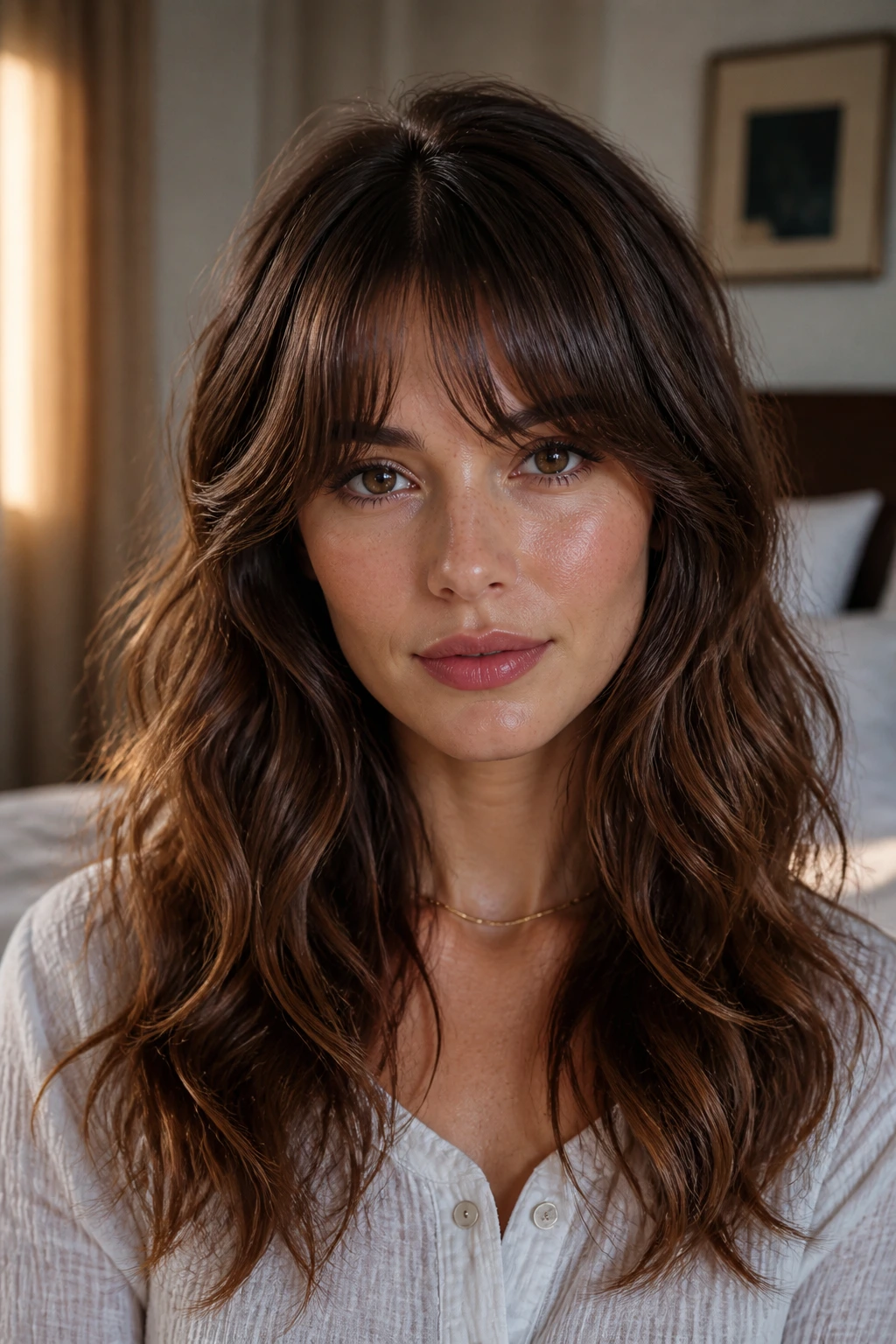 Real woman with soft waves and bangs in thick hair