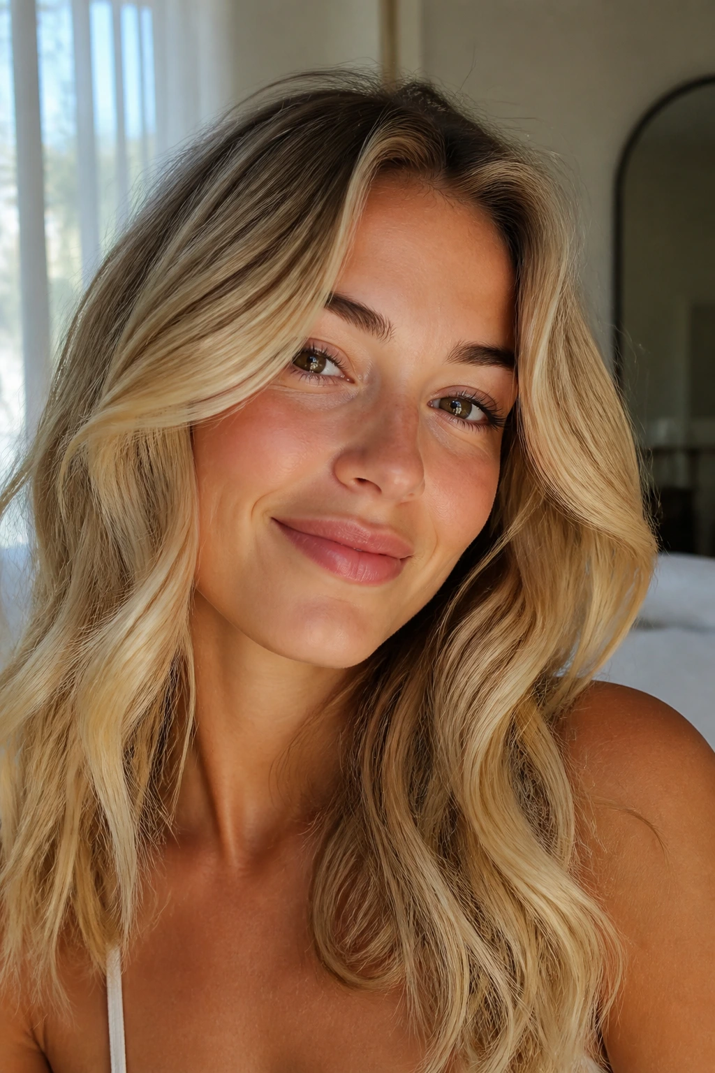 Real woman with softly styled wavy blonde hair