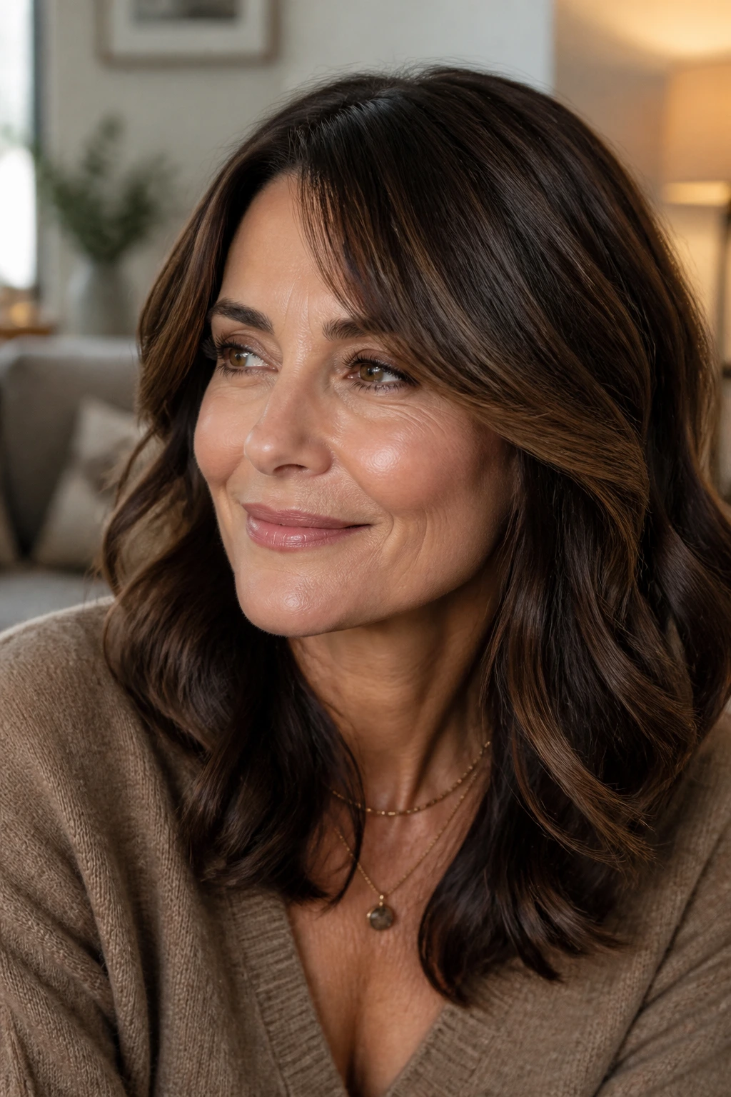 Brunette woman with soft waves in dark brunette shade avoiding harsh contrast.