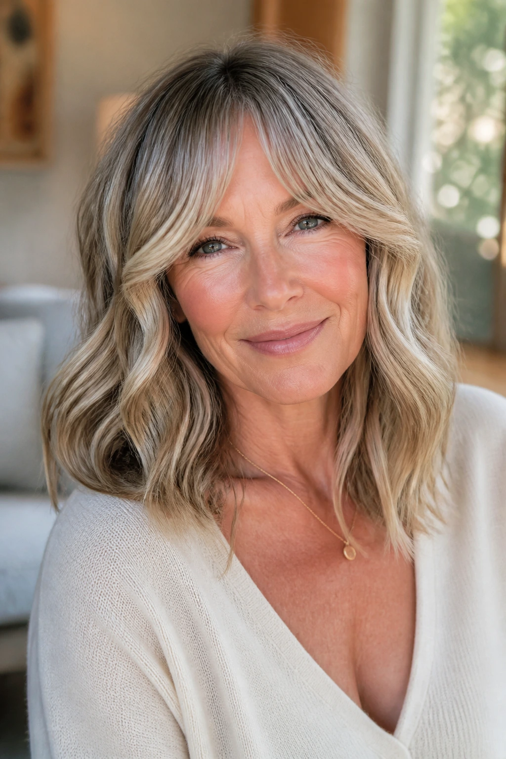 Woman with soft shoulder-grazing waves and curtain bangs in sunlight