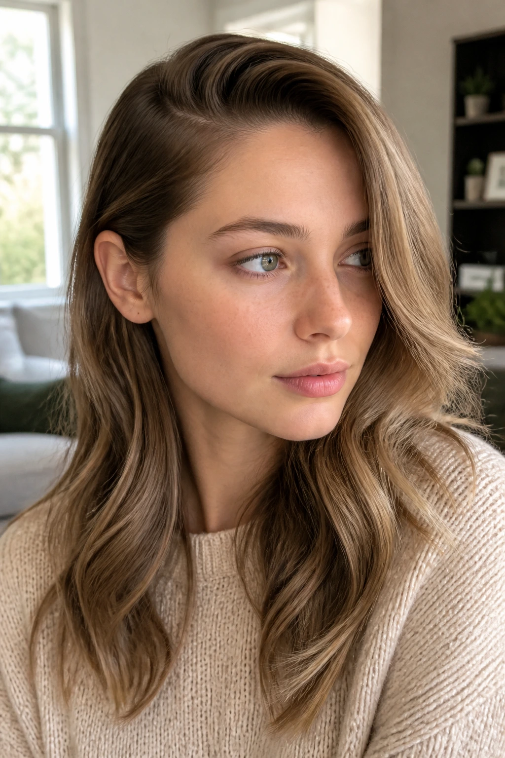 Close-up of a real girl with a deep side part and loose soft waves