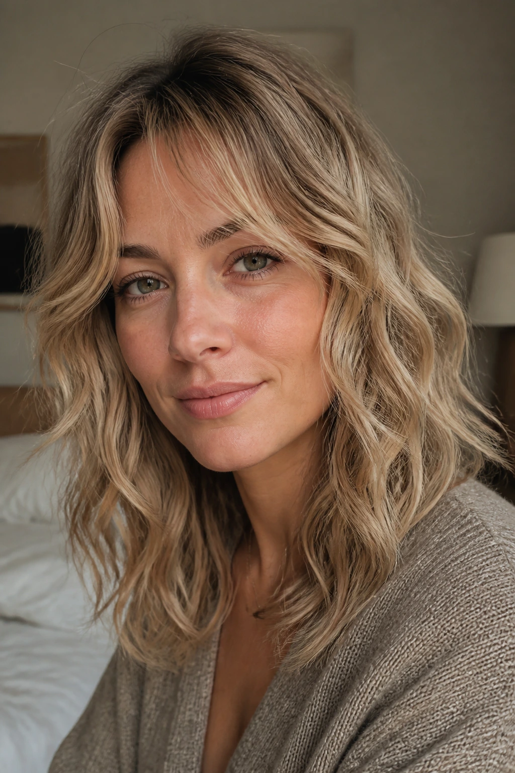 Close-up portrait of a woman with soft tousled waves on fine hair