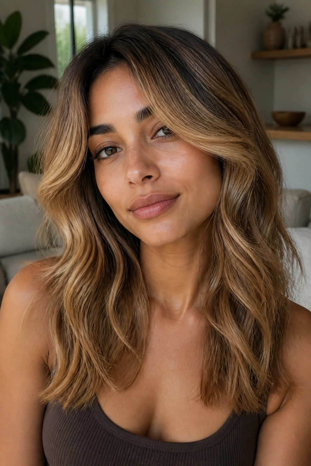 Real woman with soft waves and honey-painted top pieces in a cozy indoor setting.