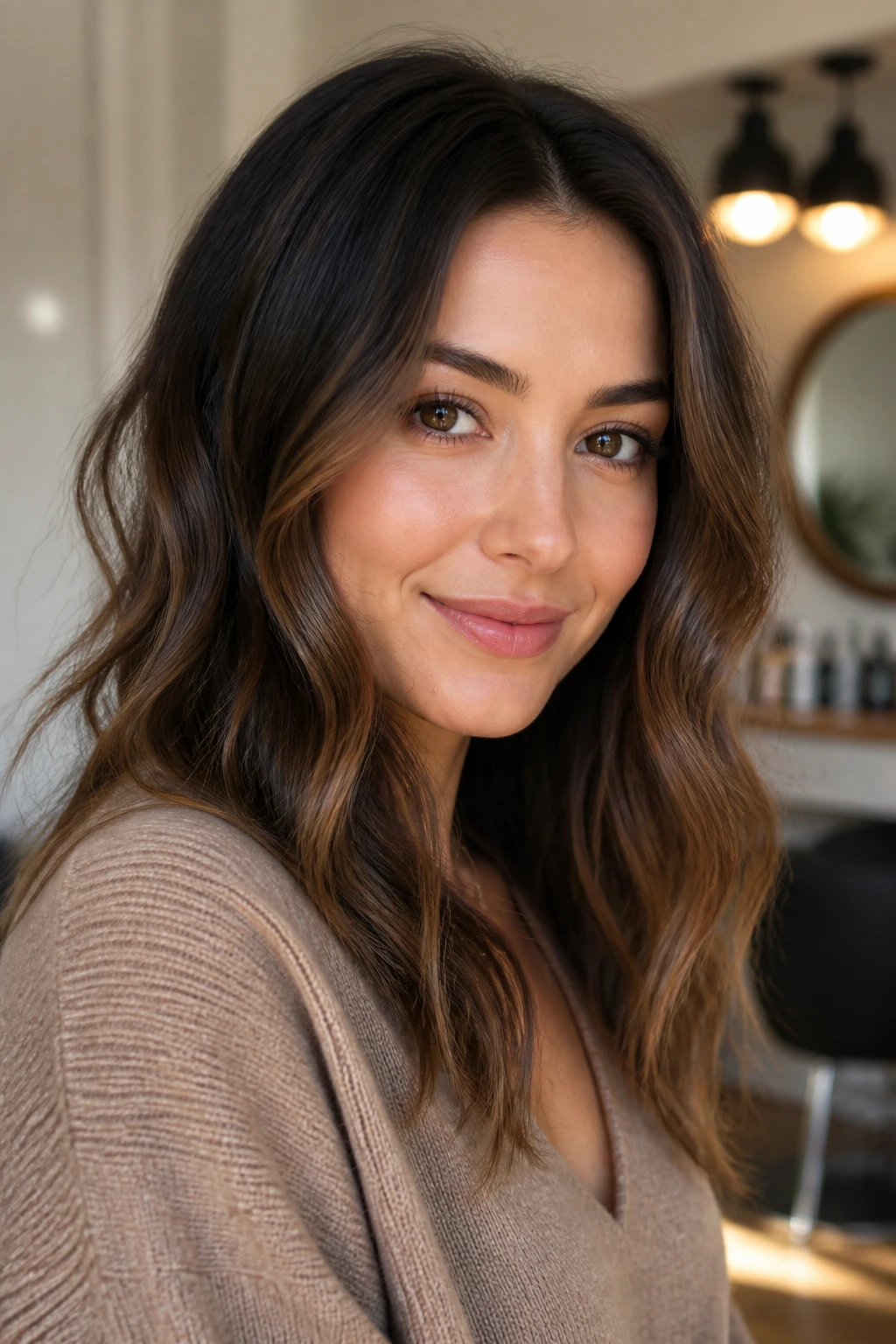 Close-up portrait of a real person with loose soft waves