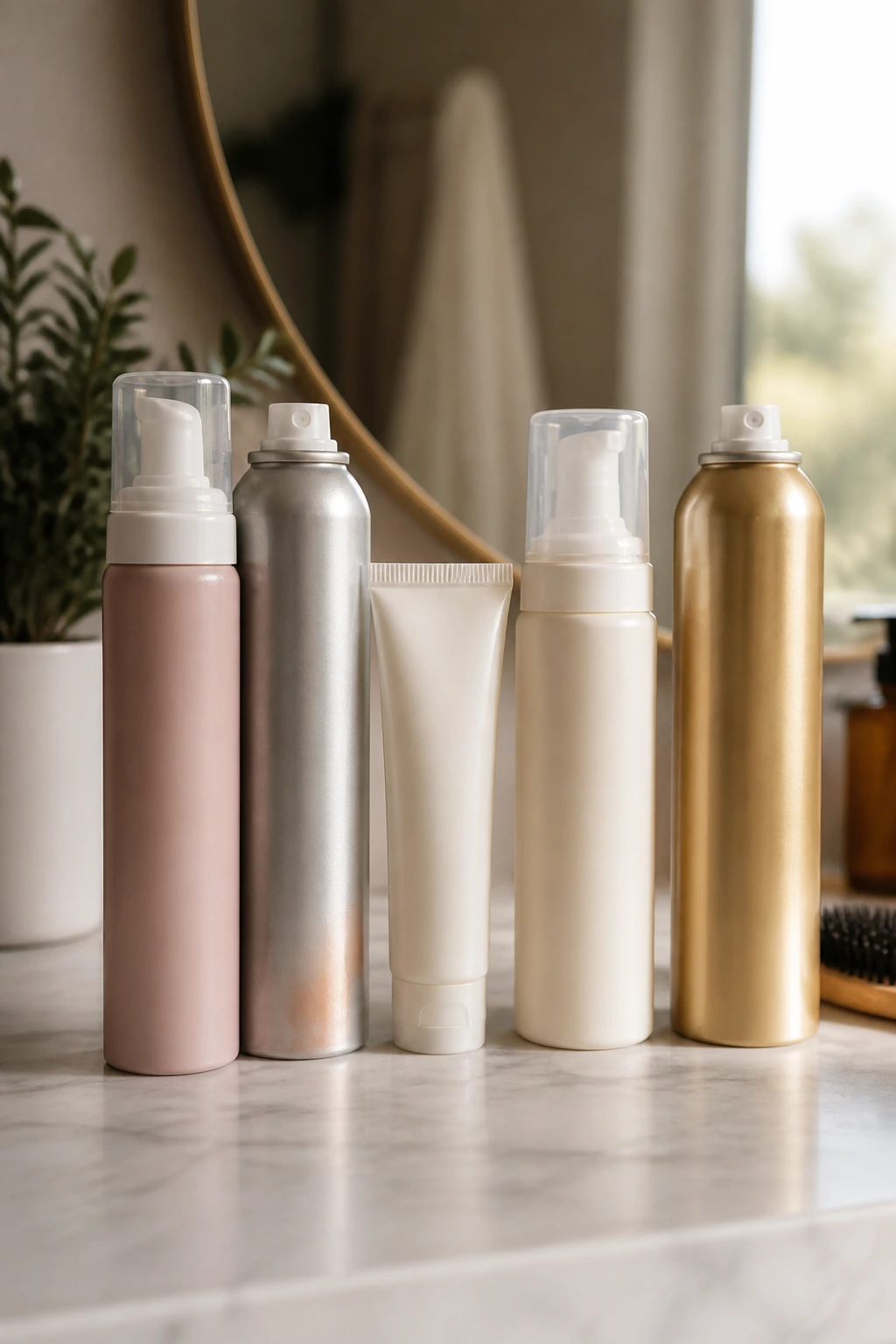 Array of hair products for soft bendable waves on a vanity