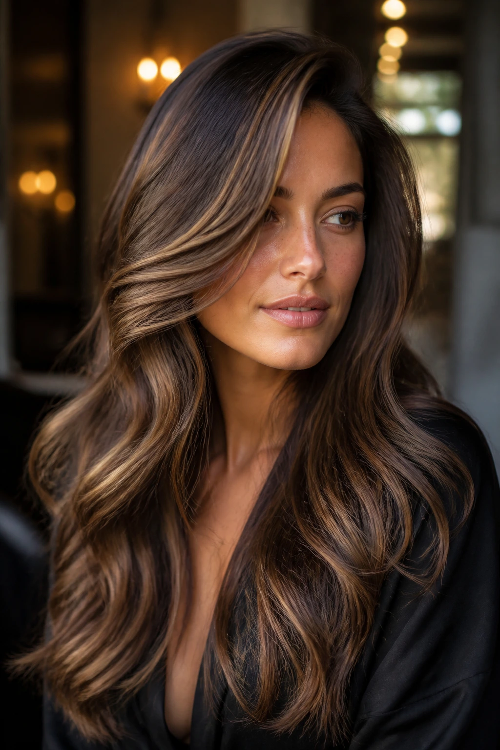Close-up of a real woman with soft waves cascading around the face.