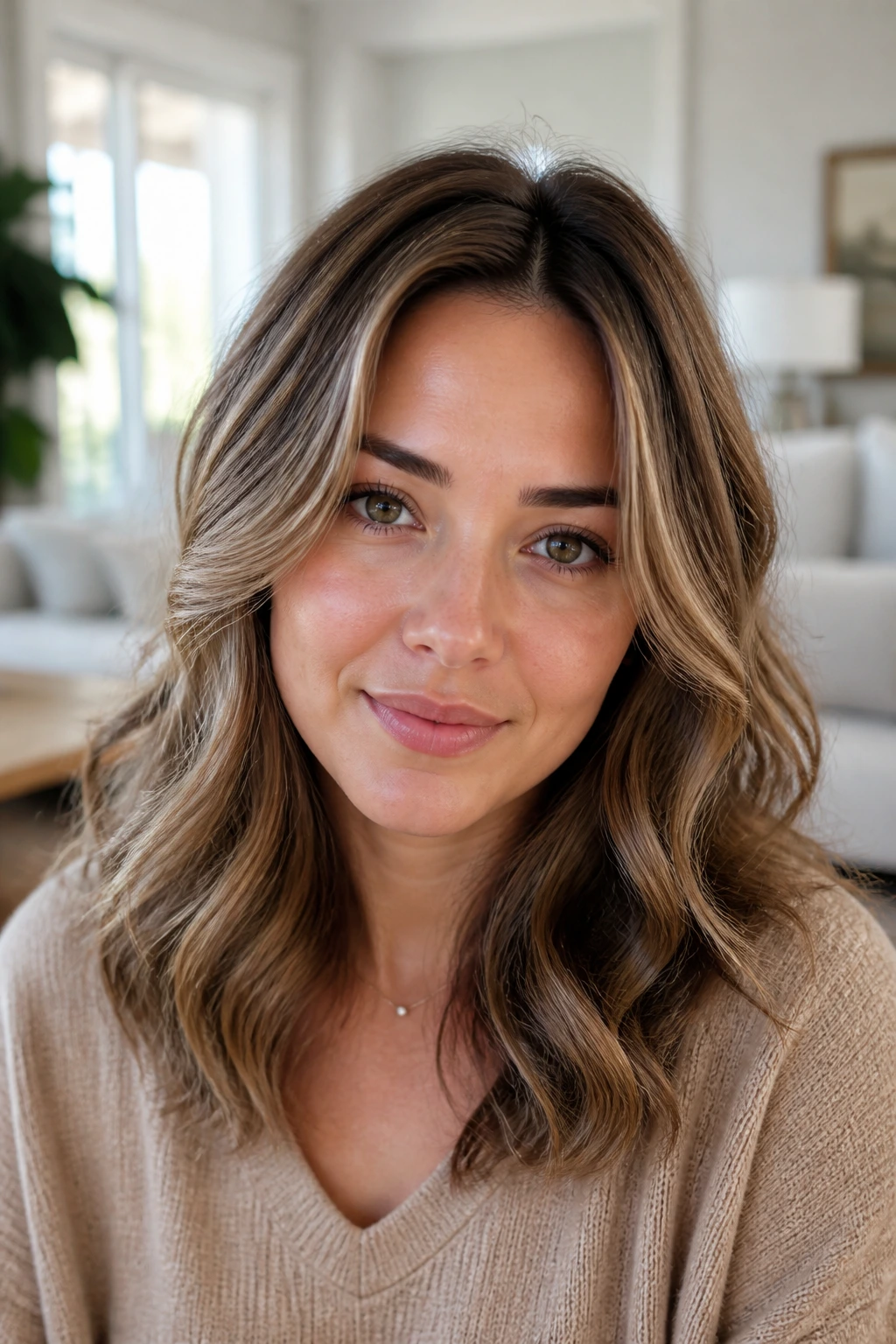 Real woman with soft waves and root lift in a sunlit living room.