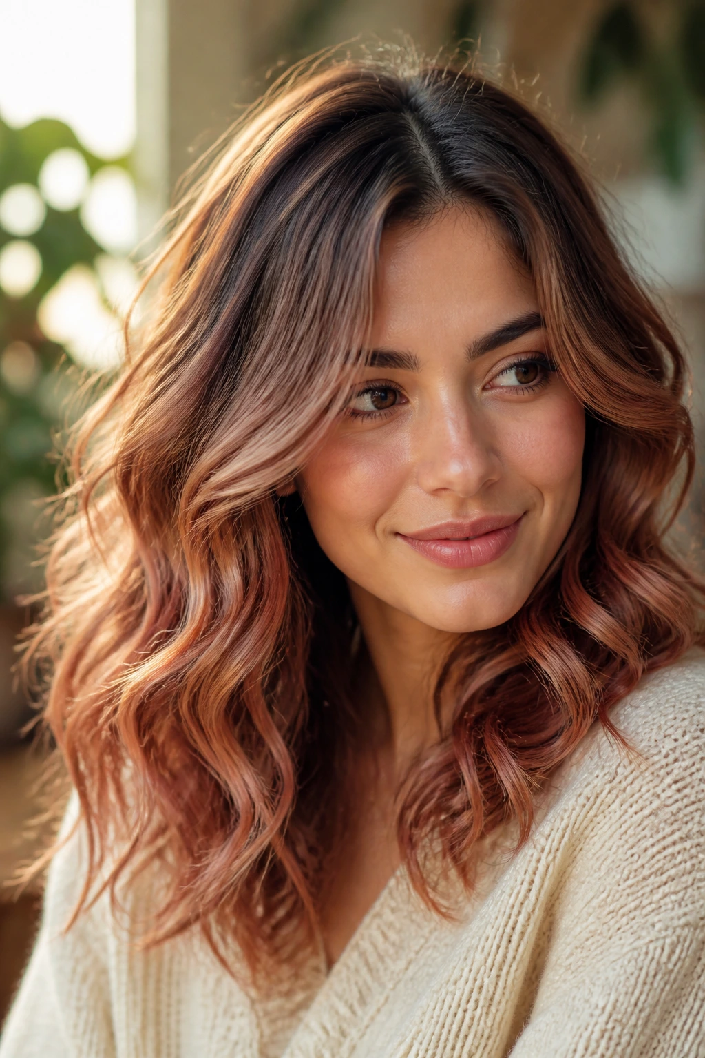 Close-up of a real woman with soft permed waves and rose-gold warmth