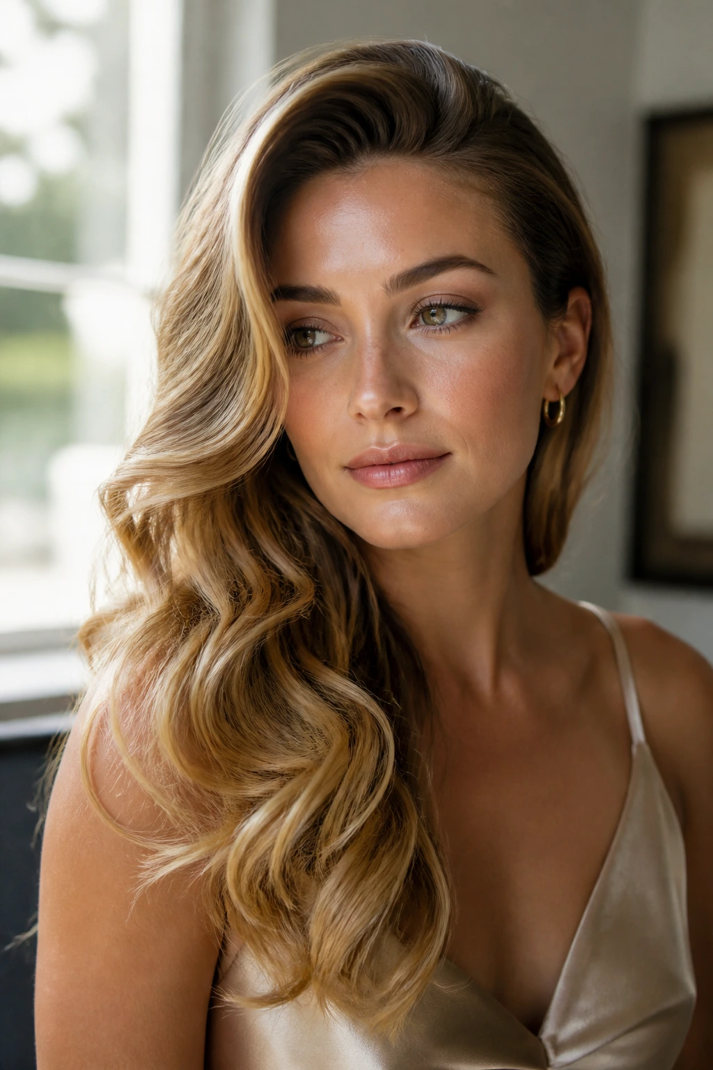 Real woman with deep side part and soft Hollywood waves