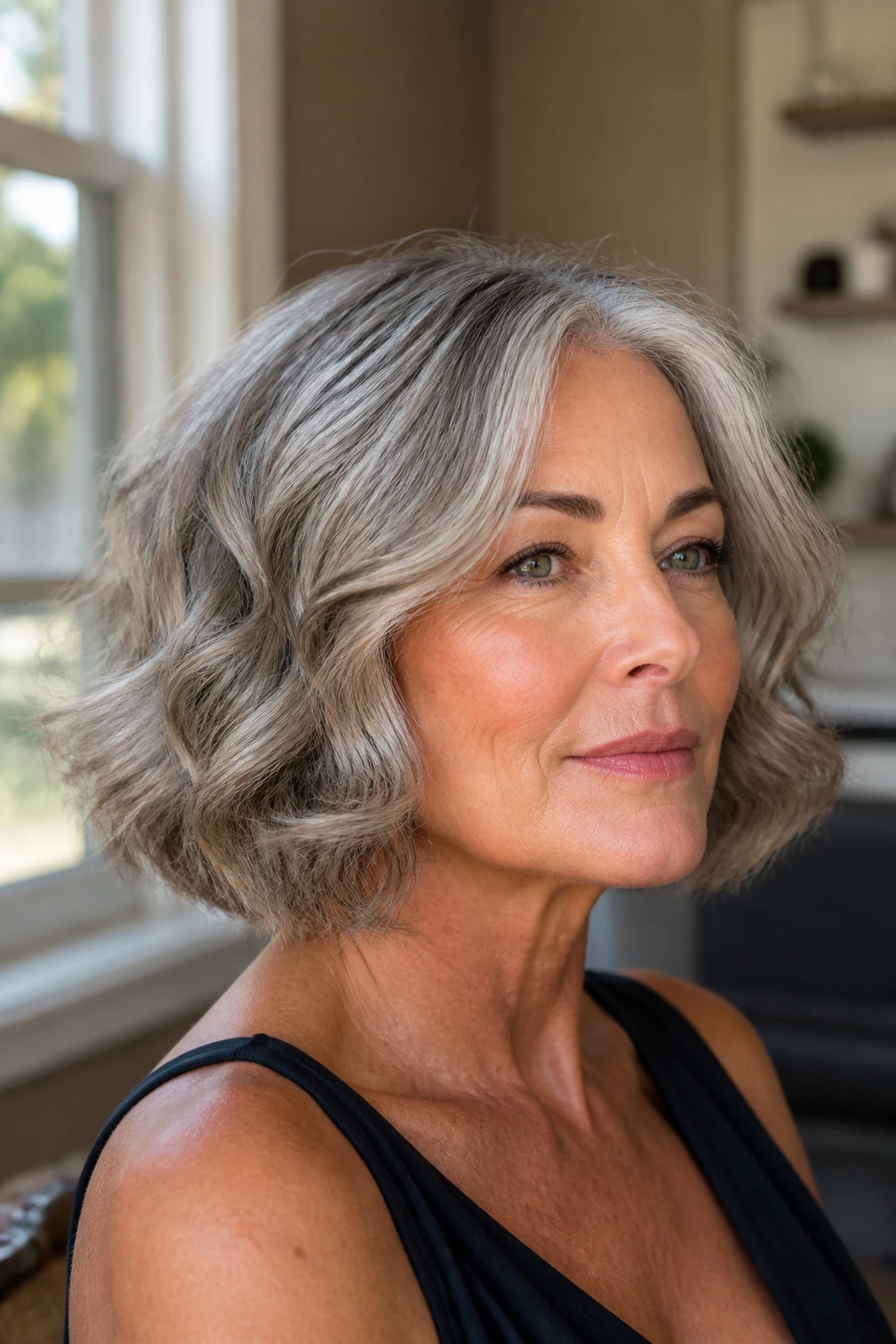 Close-up portrait of a woman with soft waves softening a square jaw