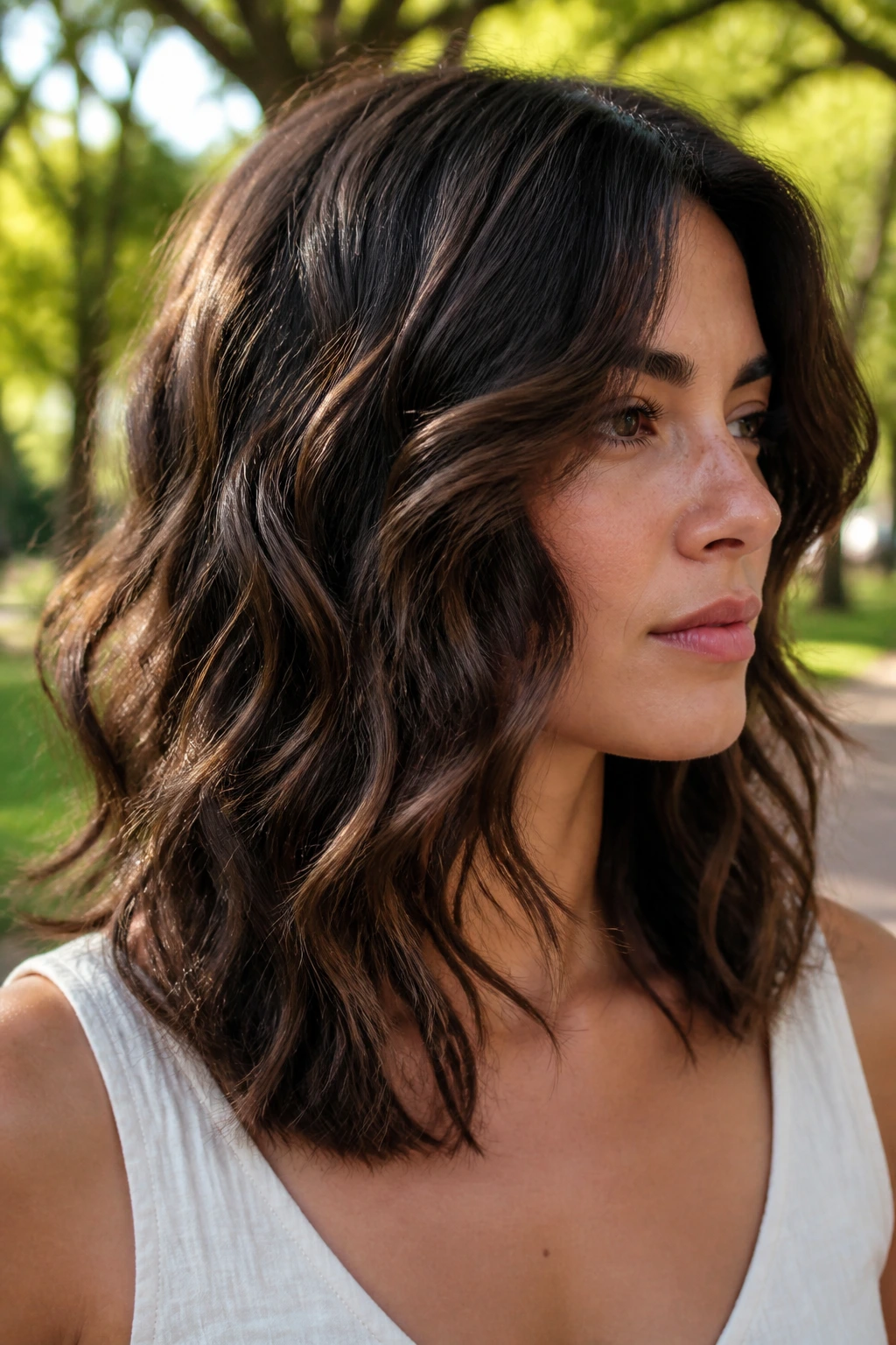 Close-up of a woman with soft wavy layers highlighting natural texture