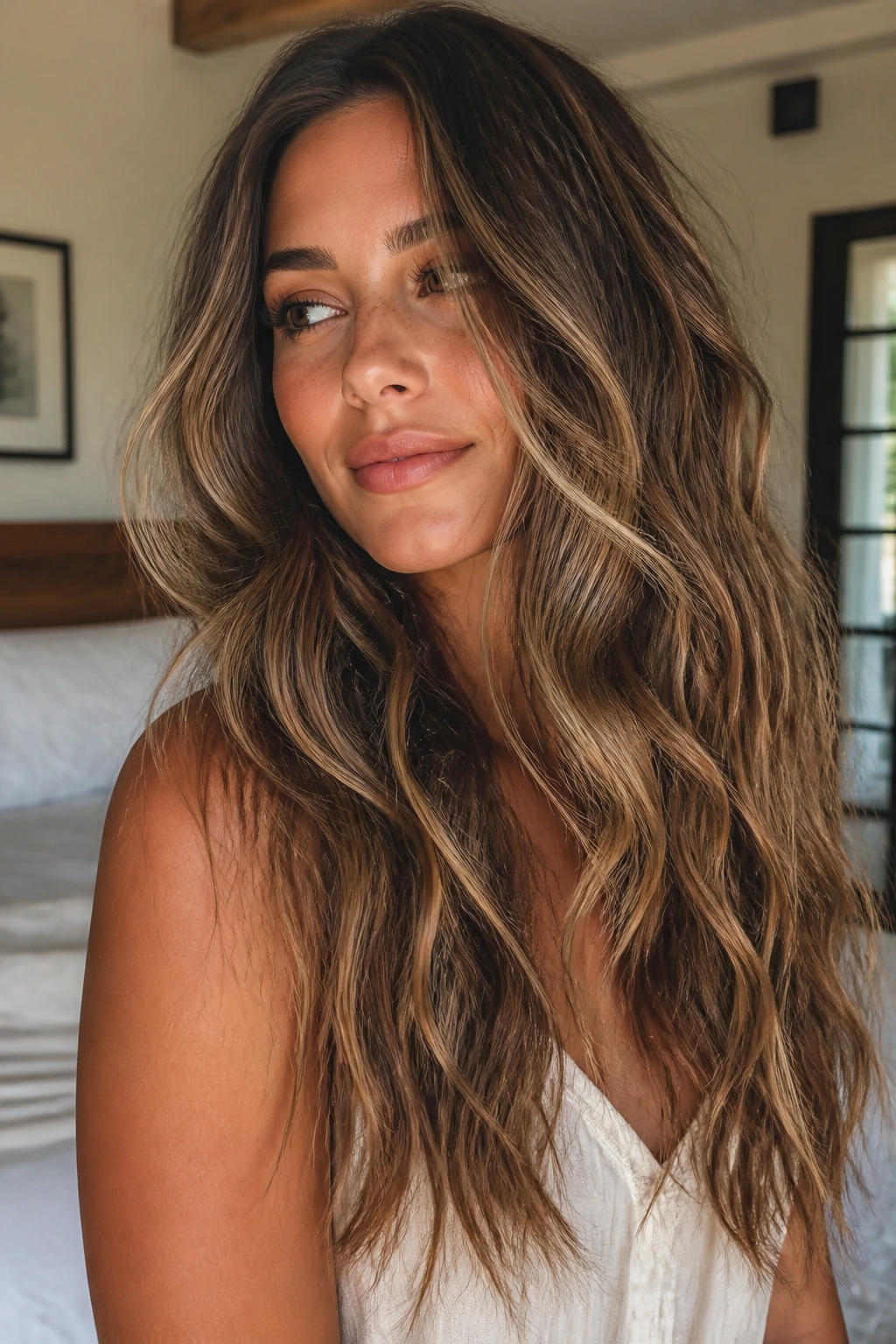 Close-up of real woman with soft S-curve waves and broken ends in thick hair