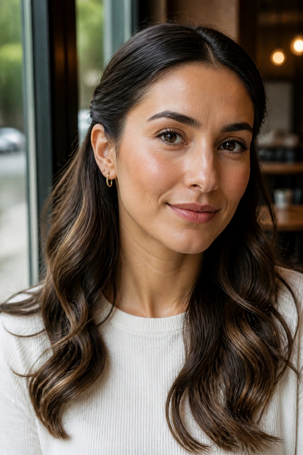Real woman with soft waves tucked behind ears in a cafe setting