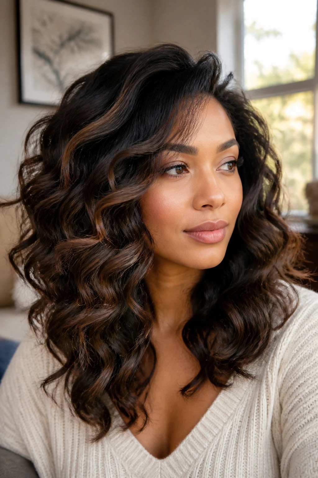 Close-up of a real woman with brushed-out wand curls forming soft waves