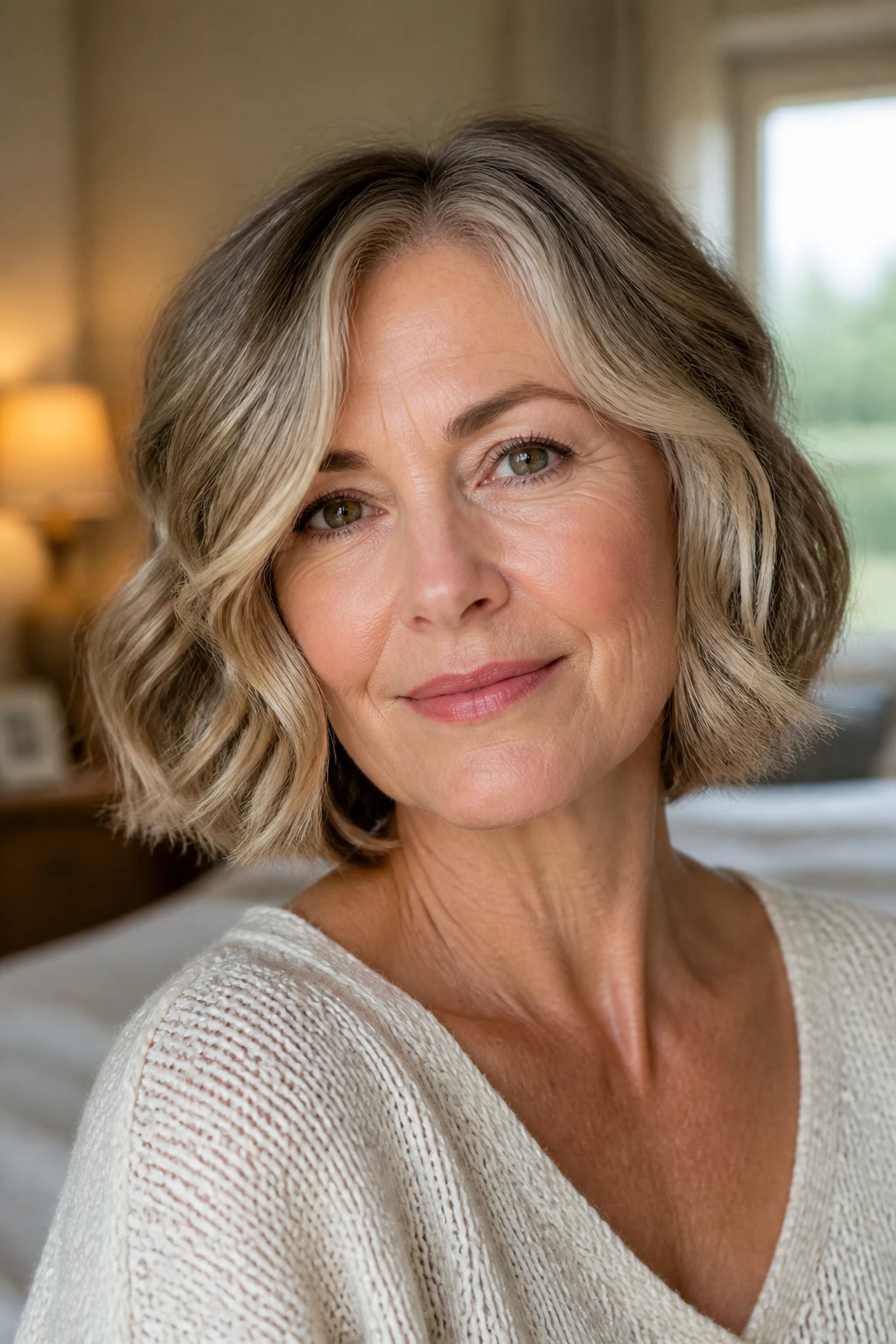 Close-up of an older woman with a soft wavy bob highlighting cheekbones in warm light