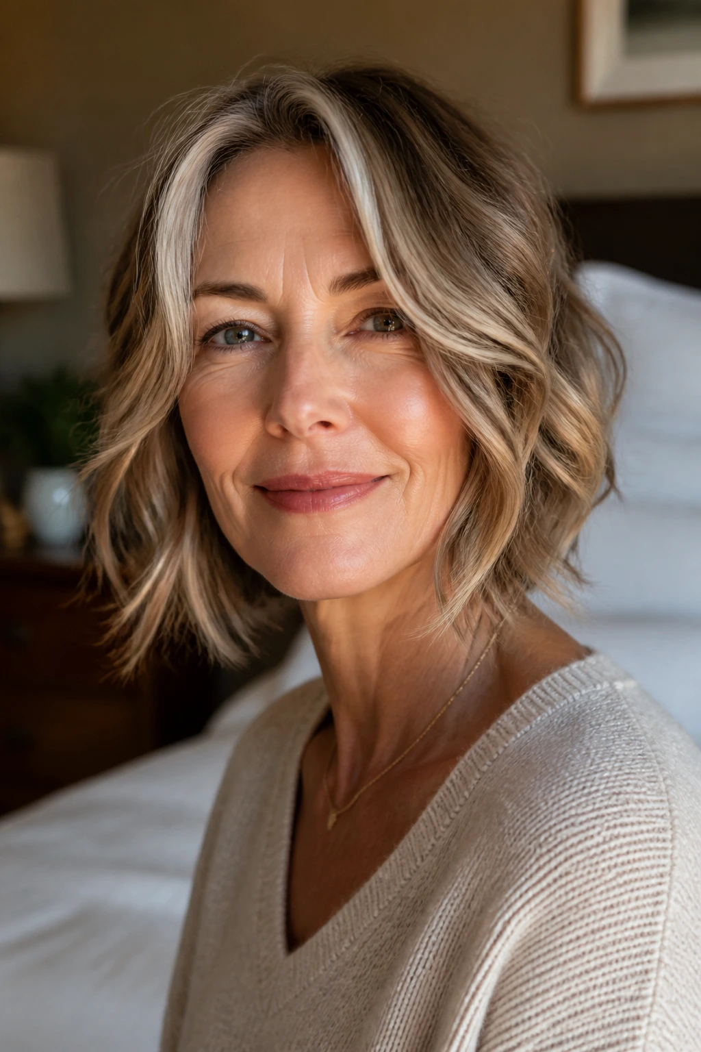 Close-up of a real woman with a soft wavy bob in warm natural light