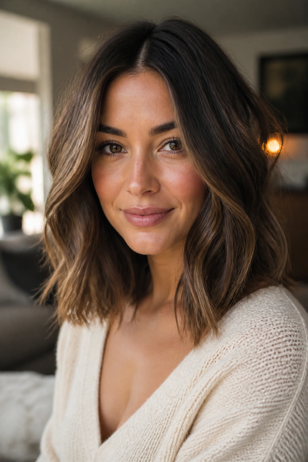 Close-up of a real woman with a soft wavy lob and center part in warm window light