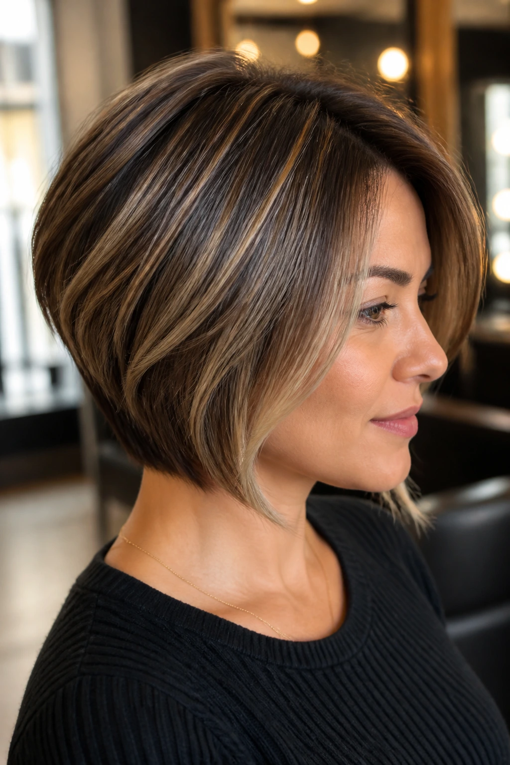 Close-up of a real woman showing a soft wedge bob with beige caramel contour.