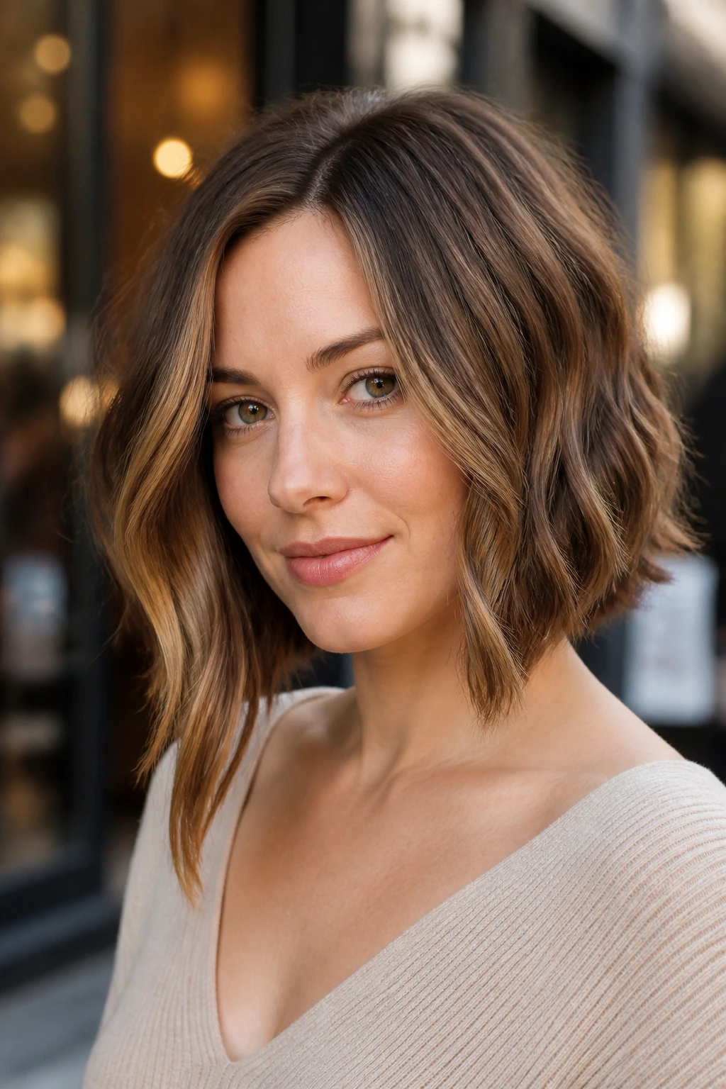 Close-up portrait of a real woman with soft wedge bob and elongated front under warm street light