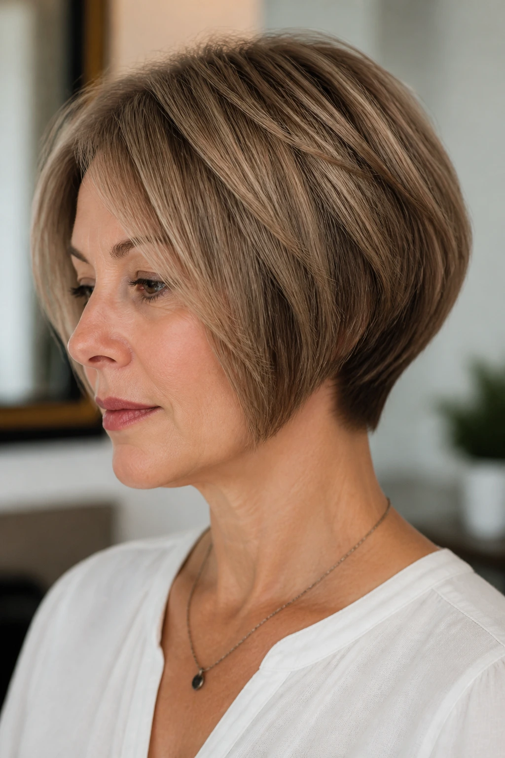 Close-up of a woman in a soft wedge bob with a tucked nape.