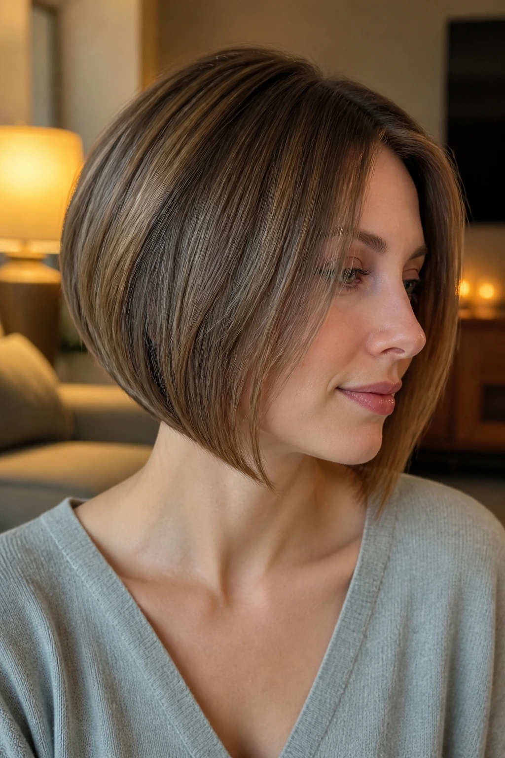 Close-up portrait of a real woman with a soft wedge bob and forward-length front.