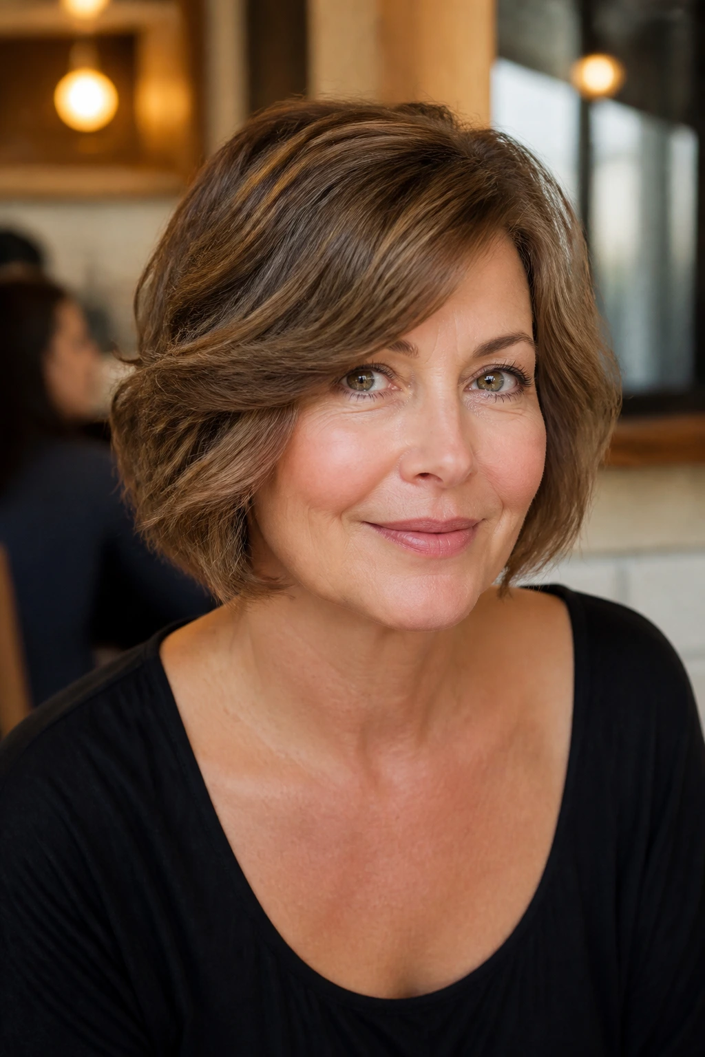 Real woman sporting a soft wedge bob with a clean neckline in cozy cafe light