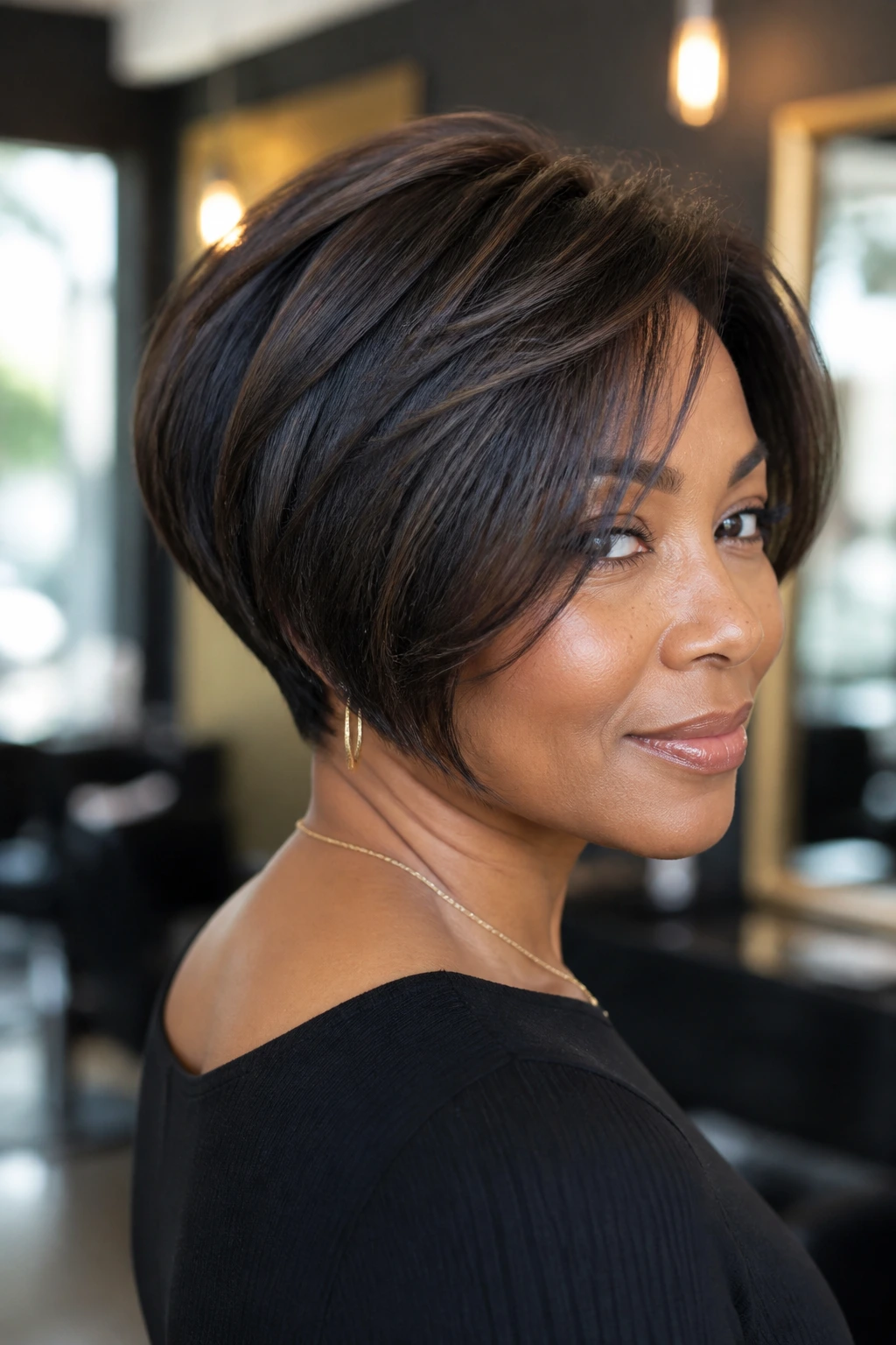 Close-up portrait of a real woman with a soft wedge bob showing a shorter nape and lifted crown