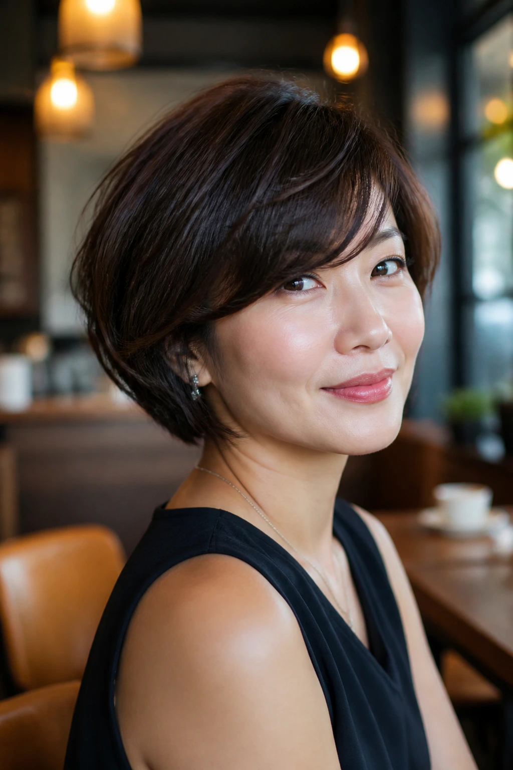 Close-up portrait of a woman with a soft wedge bob and swept bangs in a warm cafe setting