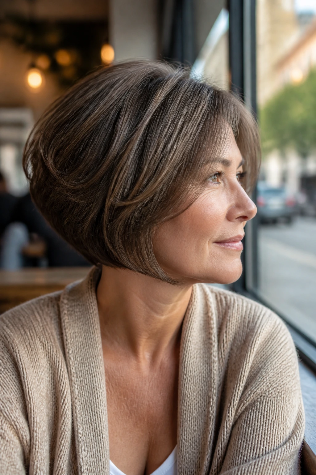 Portrait of a real woman with a soft wedge bob in a sunlit cafe setting.