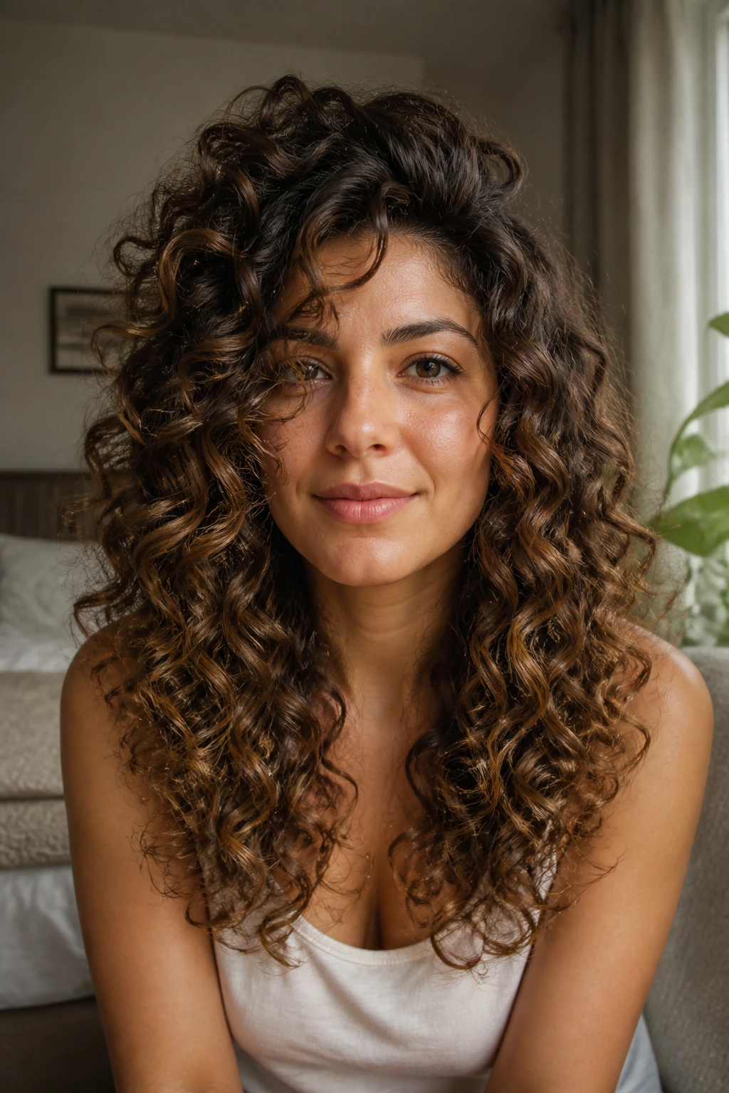 Close-up of a real woman with a soft wedge shaped curly hairstyle in warm natural light