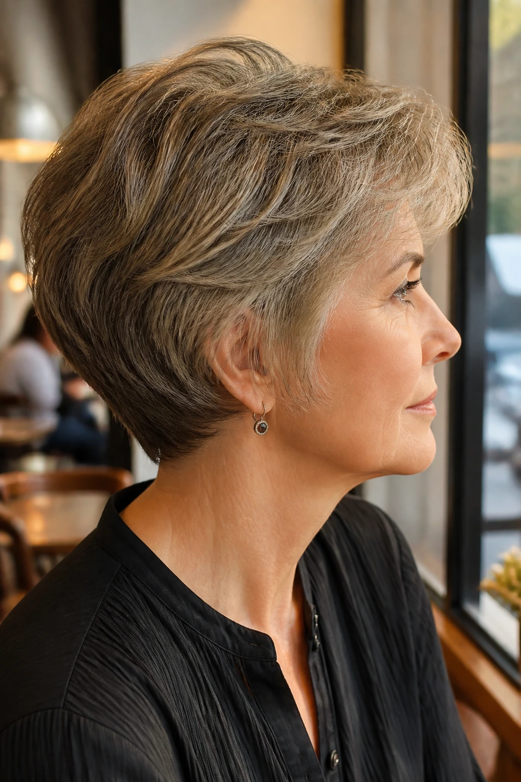 Close-up of a real woman with soft wedge cut and crown lift in warm cafe light