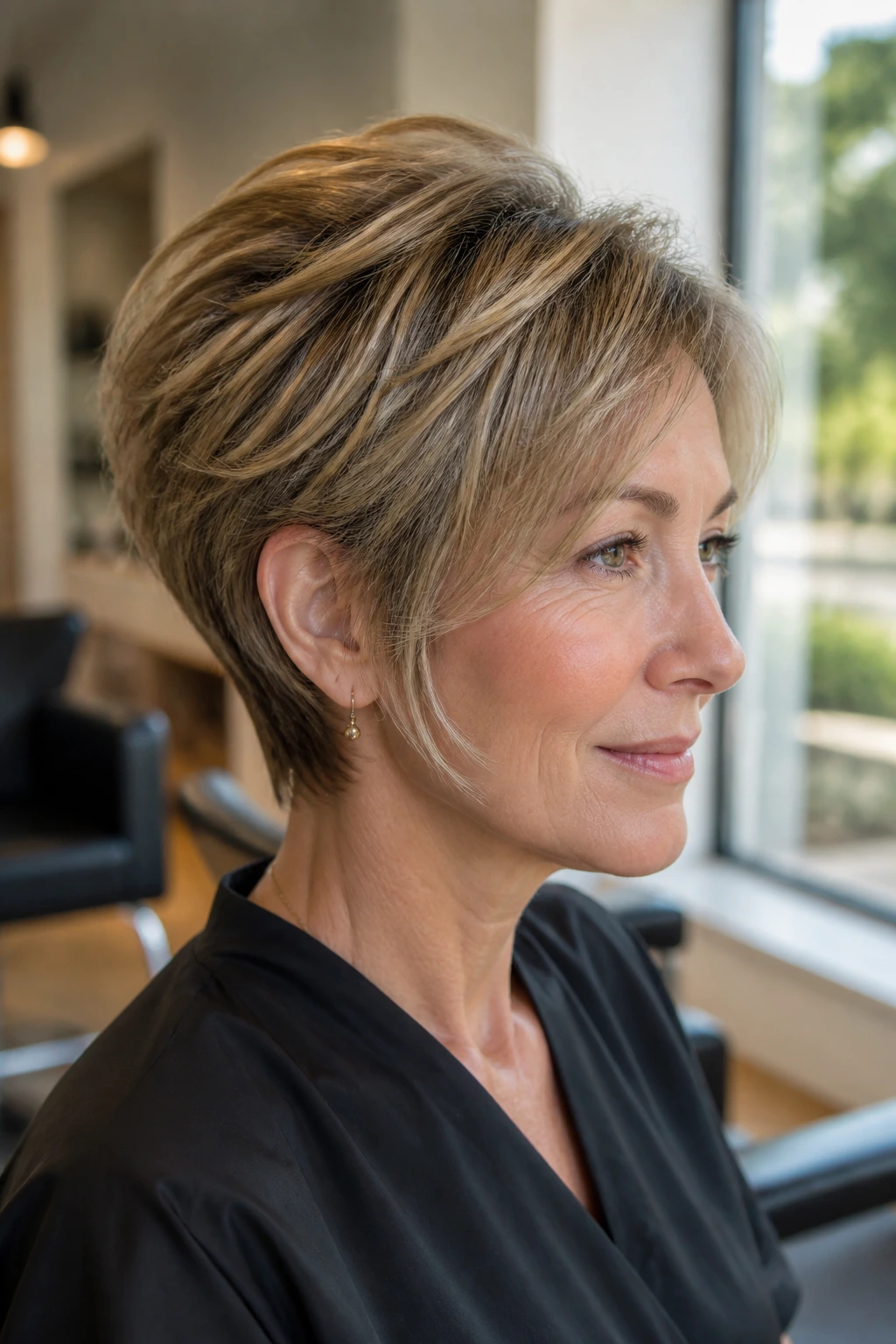 Close-up of a real woman with a soft wedge cut and layered temples in warm salon light