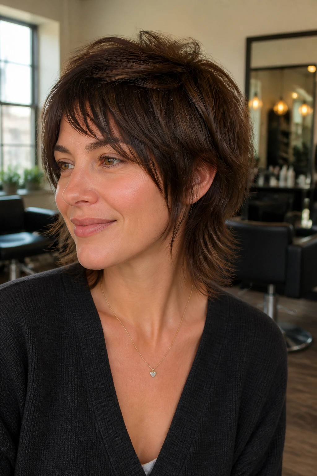 Close-up portrait of a real woman with a soft wedge shag, textured layers and lifted crown