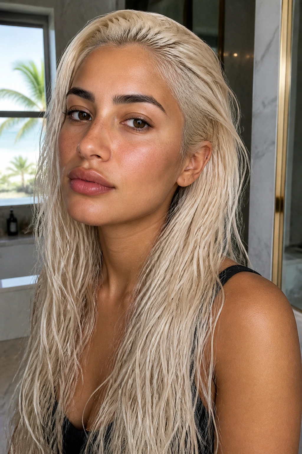 Close-up of a real woman with long platinum hair in a soft wet-look