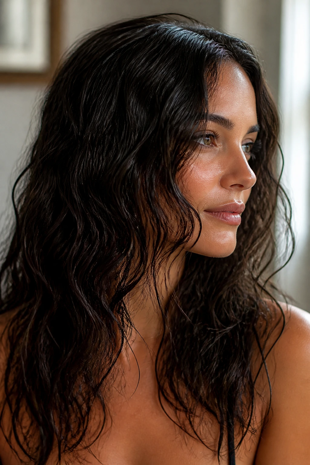 Close-up of a woman with soft wet-look waves and deep brunette gloss
