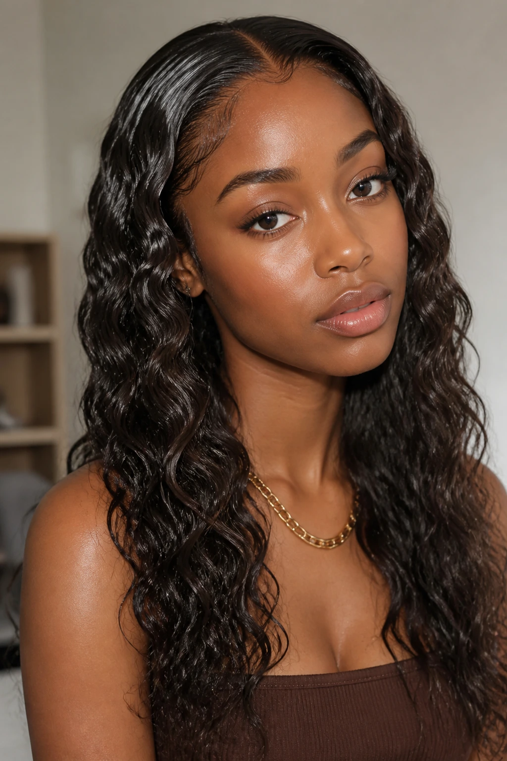 Close-up of a real woman with soft wet-look body waves and a smooth top