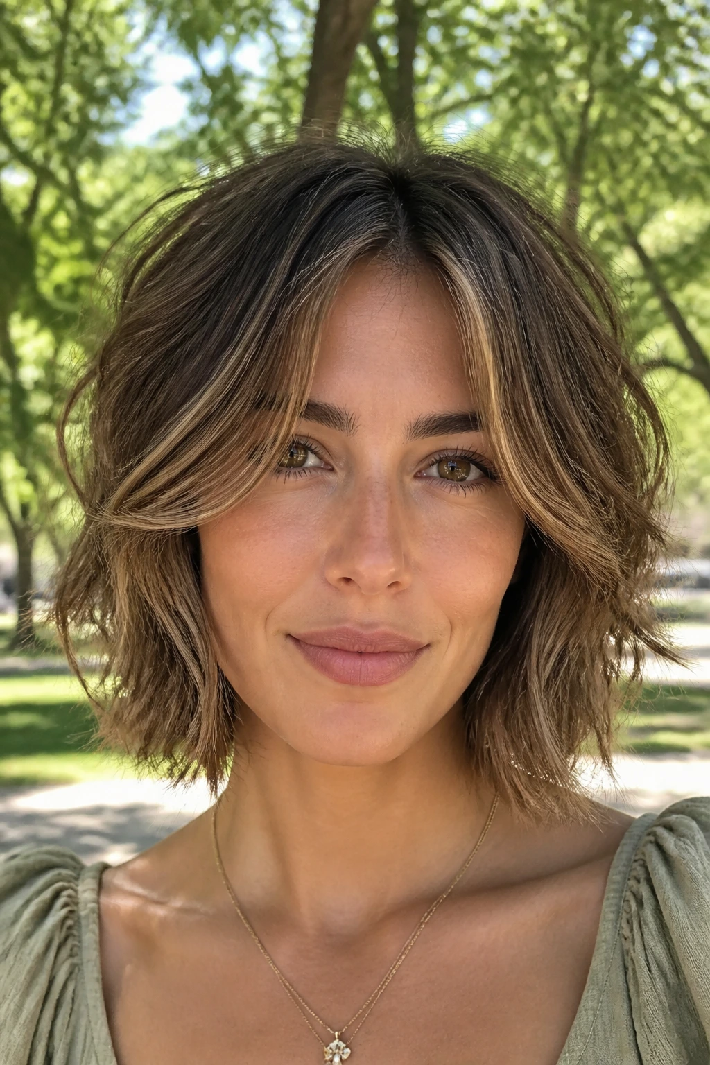 Real woman with soft wolf bob and lifted crown