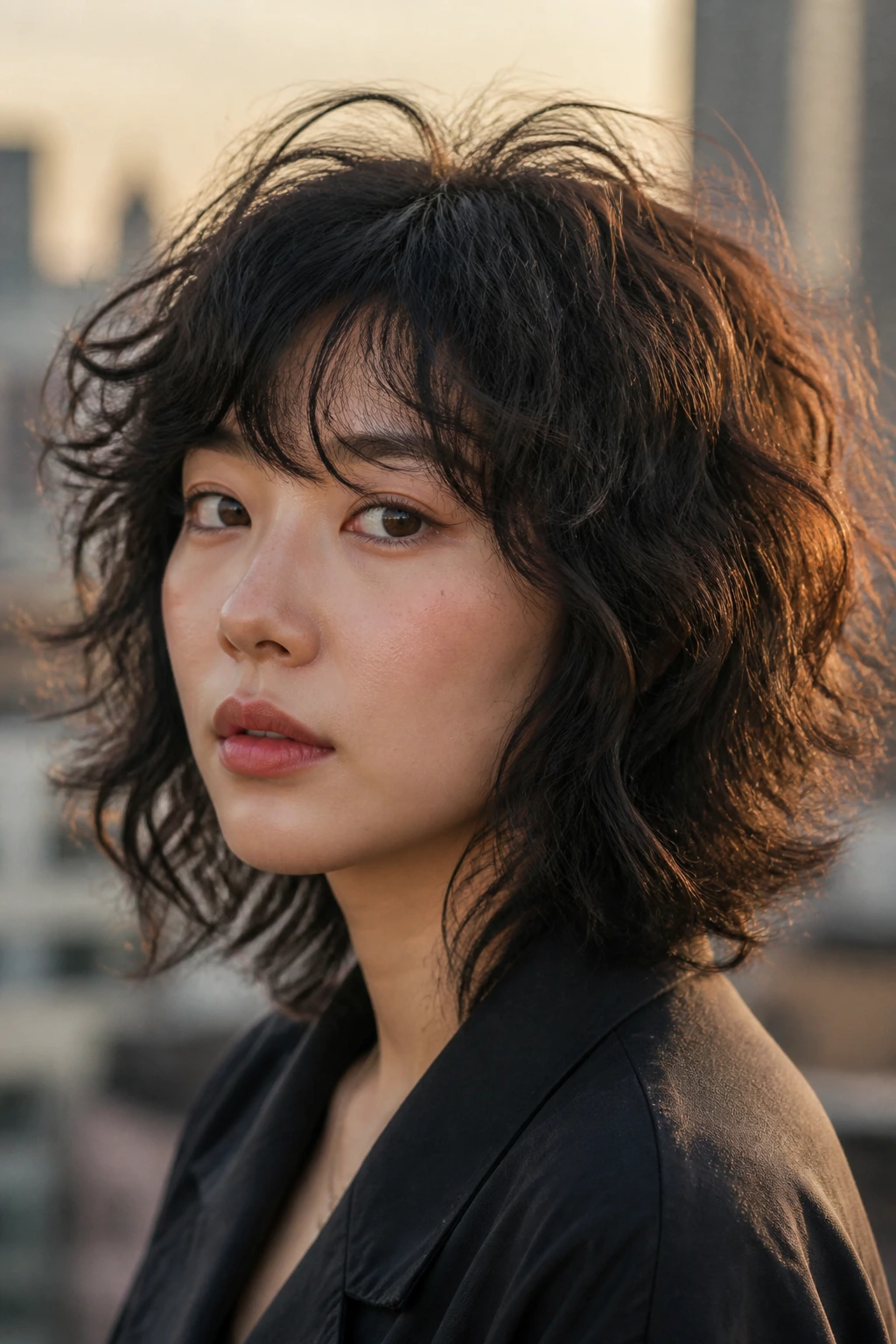 Close-up of a real person with soft wolf bob on curly hair