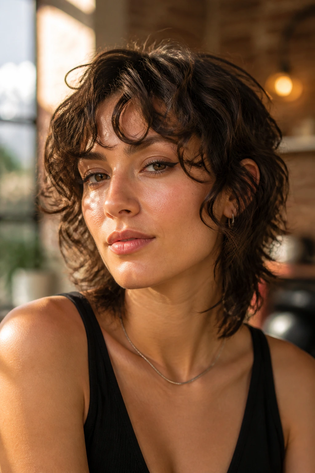 Portrait of a real woman with a soft wolf-bob hairstyle showing crown layers and longer ends.